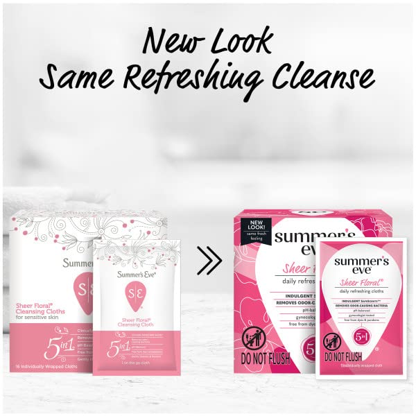 Summer's Eve Sheer Floral Daily Refreshing Feminine Wipes, Removes Odor, pH balanced, 16 count, (Pack of 8) Summer's Eve