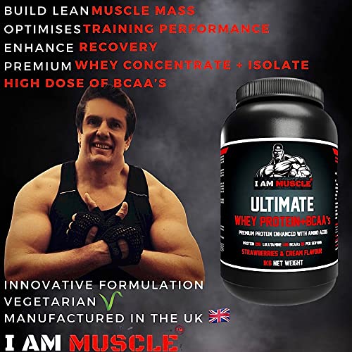 Ultimate Whey Protein + BCAA’s Powder, Premium High Protein Isolate, Enhance Lean Muscle Mass and Recovery, 1kg I AM MUSCLE