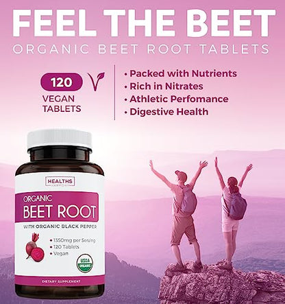 USDA Organic Beet Root Powder (120 Tablets) 1350mg Beets Per Serving with Black Pepper