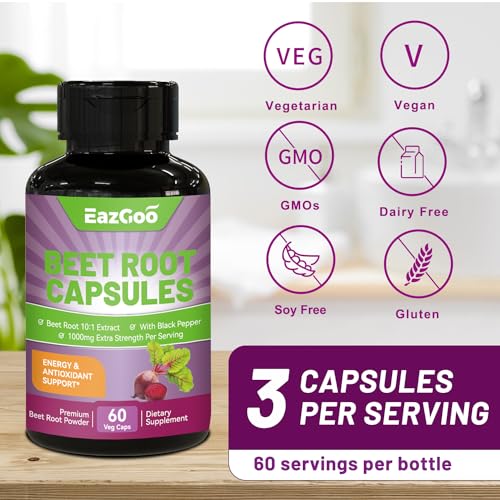 EAZGOO Beet Root Capsules 1000mg Per Serving, Supports Nitric Oxide Production & Blood Pressure, with Black Pepper Extract, Non-GMO, Gluten Free, Vegan - 60 Counts