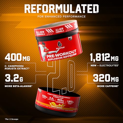 Six Star Pre-Workout Explosion Ripped 2.0 Peach Mango - Endurance Powder with Caffeine Six Star