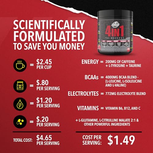 High IQ Nutrition 4 in 1 Lychee Flavored Pre Workout Powder 200mg Caffeine | Energy, Focus, Endurance, Electrolytes, Amino Acids, Beta-Alanine, & BCAAs | Men & Women | 30 Servings | 1.3 lbs.