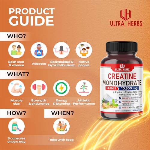Ultra Creatine Pills Muscle Growth 9800mg Creatine Monohydrate Capsules w Ginseng ULTRA HERBS