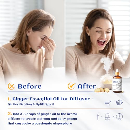 HIQILI Pure Ginger Essential Oil 3.38 Fl Oz, Pure Natural Premium Ginger Oil for Massage