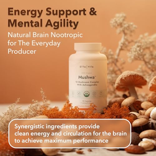 USDA Organic Lions Mane Supplement Capsules with Ashwagandha, Chaga, Reishi, Cordyceps Etta Vita