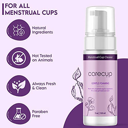 CareCup Menstrual Cup Cleaner - Unscented Foaming Sterilizer Wash for Silicone Period discs - Wipes Clean