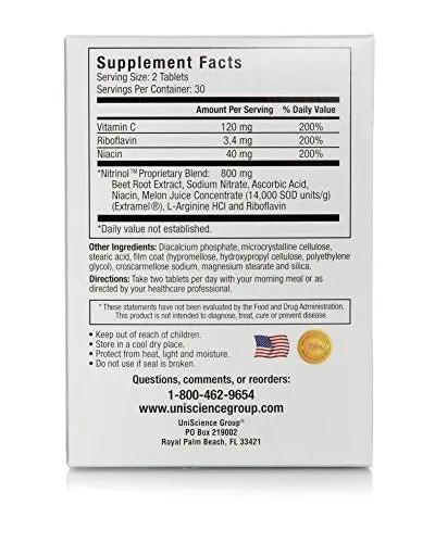 UniScience Group Nitrinol, Natural Nitric Oxide Booster with Beetroot Extract, 60 Tablets per Box, 2 Box Deal