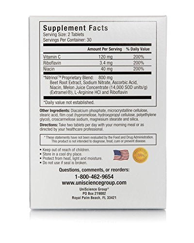 UniScience Group Nitrinol, Natural Nitric Oxide Booster with Beetroot Extract, 60 Tablets per Box, 2 Box Deal