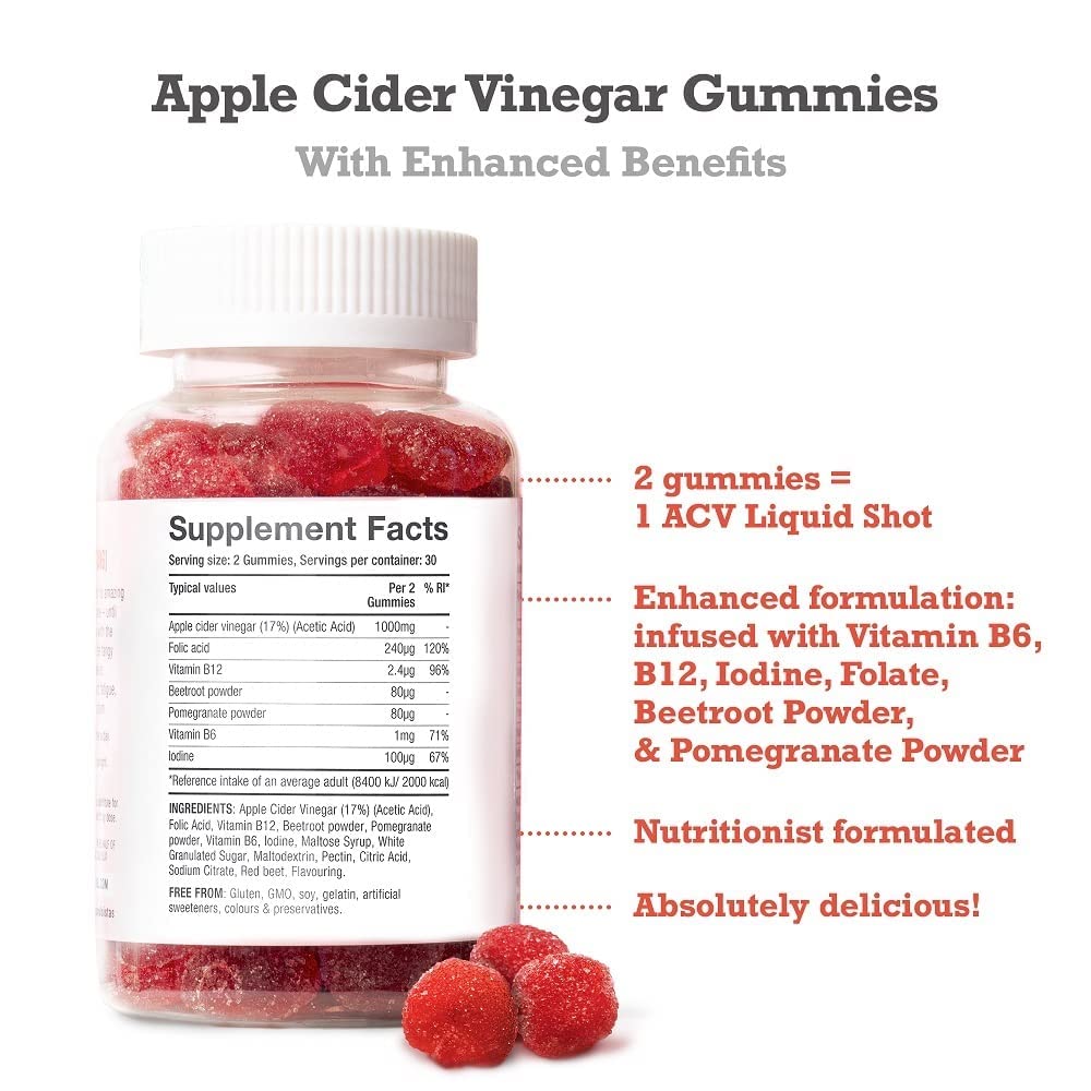 Apple Cider Vinegar Gummies with The Mother 1000mg Enhanced with Vitamin B12 & Folic Free Soul