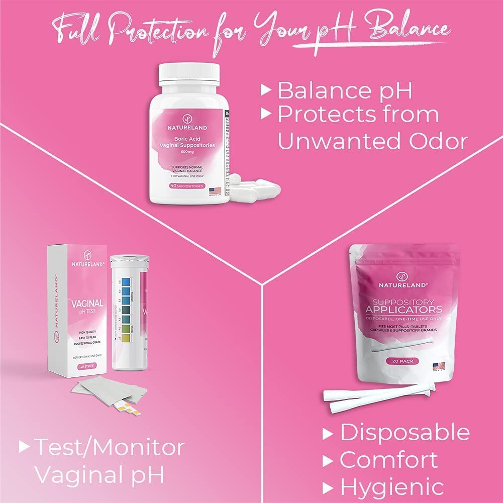 Natureland [40 Count Boric Acid Suppositories 600mg w/ [20 Pack] Vaginal Applicator - Feminine Care Natureland