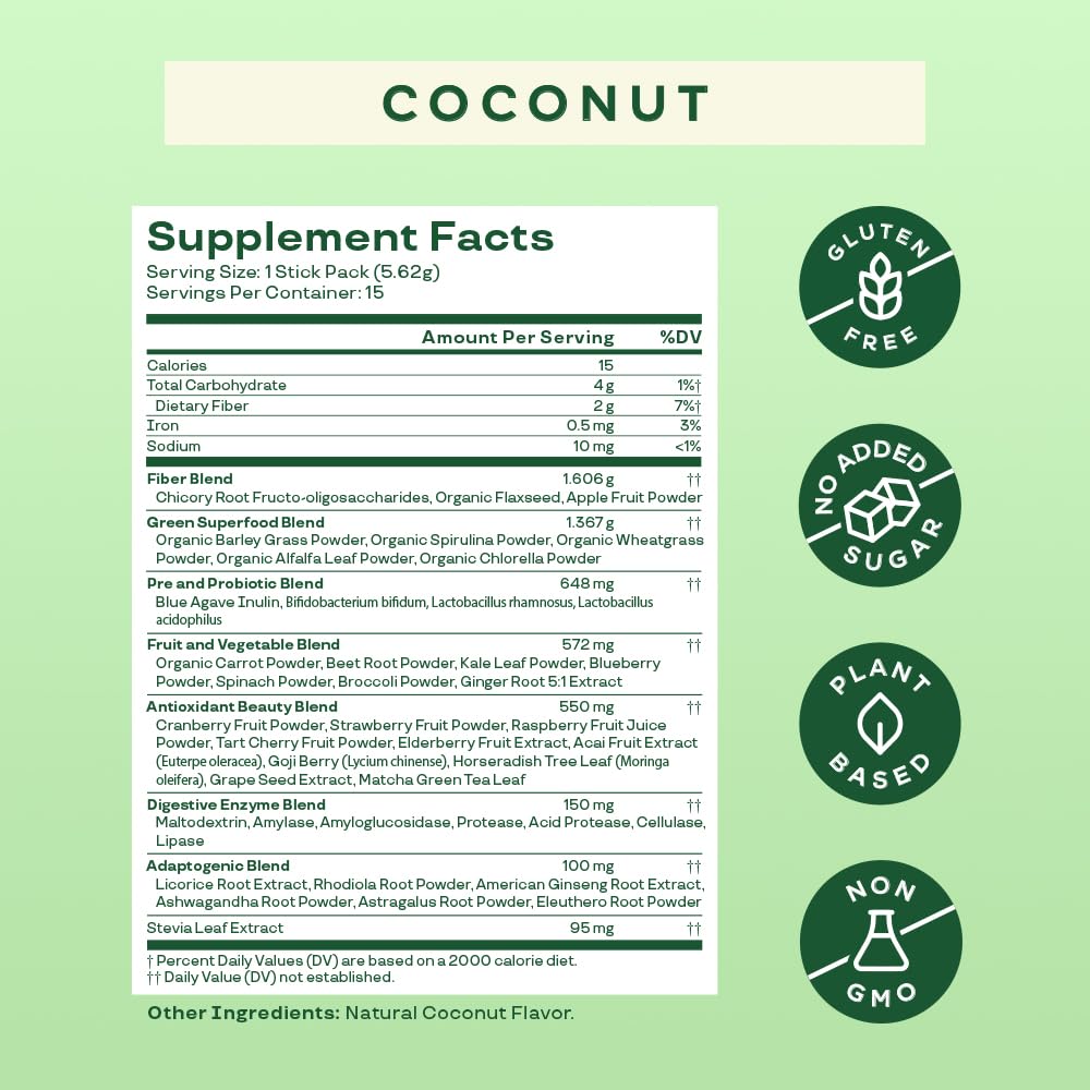 Bloom Nutrition Super Greens Powder Smoothie Mix, 15 Stick Packs - Probiotics