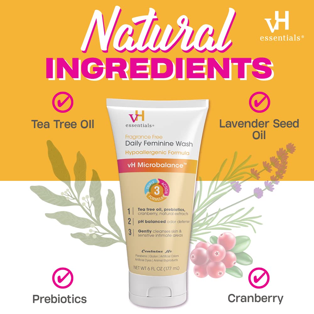 vH essentials Daily Feminine Wash - Fragrance Free, Hypoallergenic with Tea Tree Oil