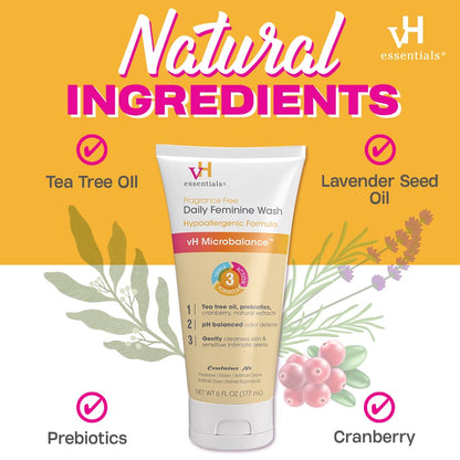 vH essentials Daily Feminine Wash - Fragrance Free, Hypoallergenic with Tea Tree Oil