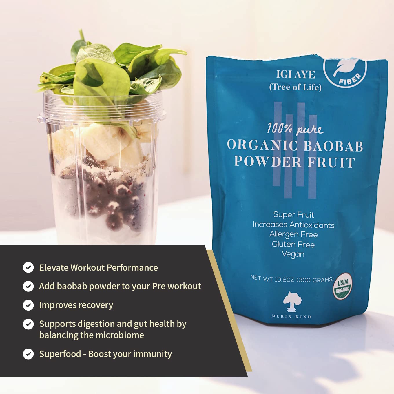 MERIN KIND Organic Baobab Powder - Prebiotic Fiber Supplement