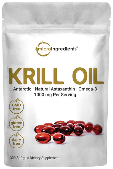 Micro Ingredients Antarctic Krill Oil Supplement, 1000mg Per Serving, 300 Soft-Gels