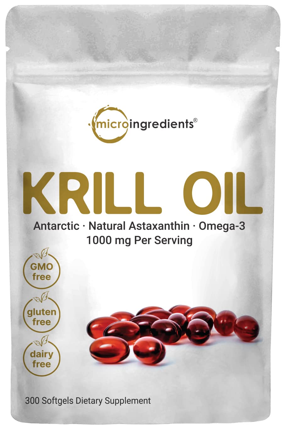 Micro Ingredients Antarctic Krill Oil Supplement, 1000mg Per Serving, 300 Soft-Gels