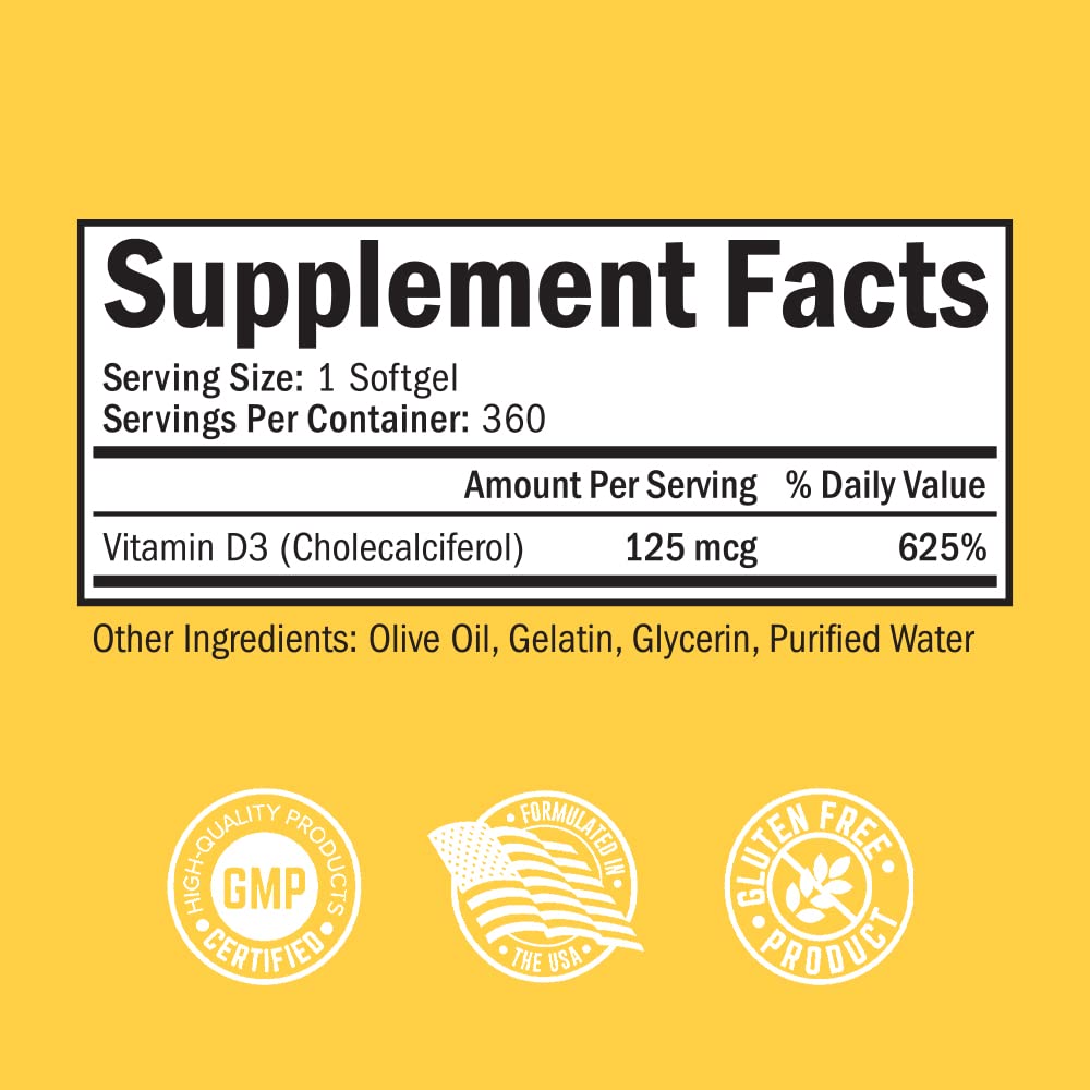 Vitamin D3 5000 IU (125 mcg) Natural Immune Support Supplement, Bone Strength