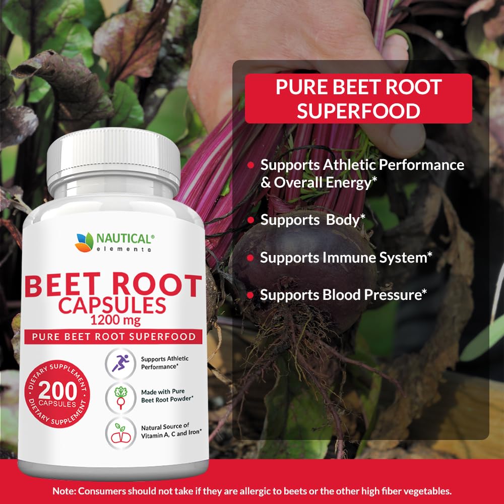 Beet Root Capsules - 1200mg Per Serving - 200 Beet Root Powder Capsules - Beetroot Nautical Elements