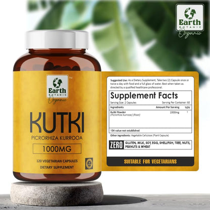 Earth BOTANIC Organic Kutki Root Powder 1000mg 120 Capsules (Picorohiza Kurrooa)