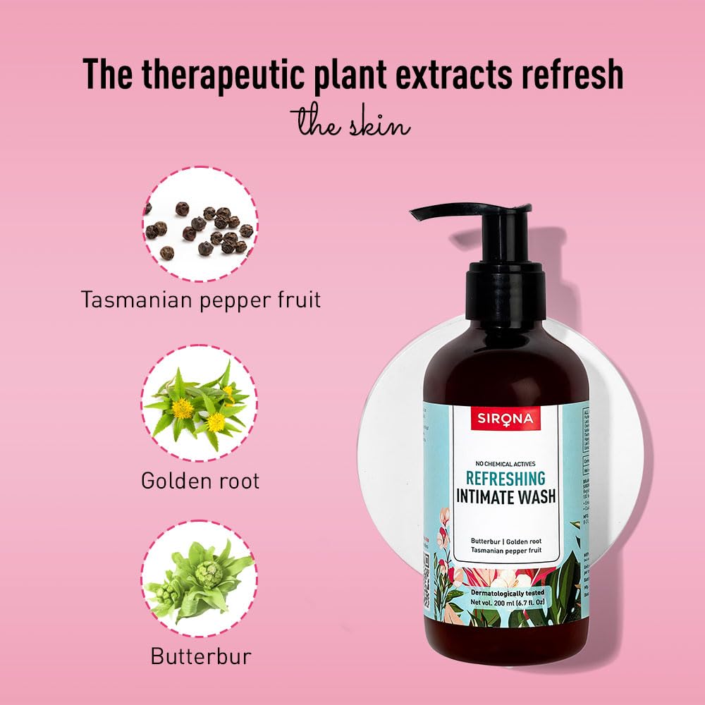 Sirona Natural Refreshing Feminine Wash - 6.7 Fl Oz (200 ml) | No Chemical, No Irritation, pH Balanced Intimate Sirona