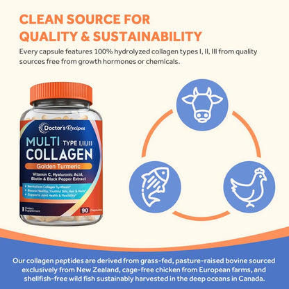 Doctor's Recipes Multi Collagen Complex with Golden Turmeric, Vitamin C, Biotin, Hyaluronic