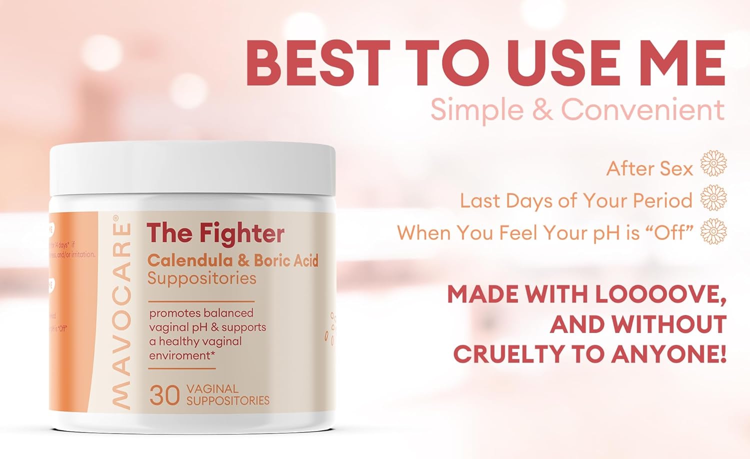 MavoCare Boric Acid Suppositories for Women – 600mg with Calendula & Vitamin E – BV & Yeast Infection Support, pH Balance, Odor Relief, Fast-Dissolving, Moisturizing, Vegan Formula MavoCare, Inc.