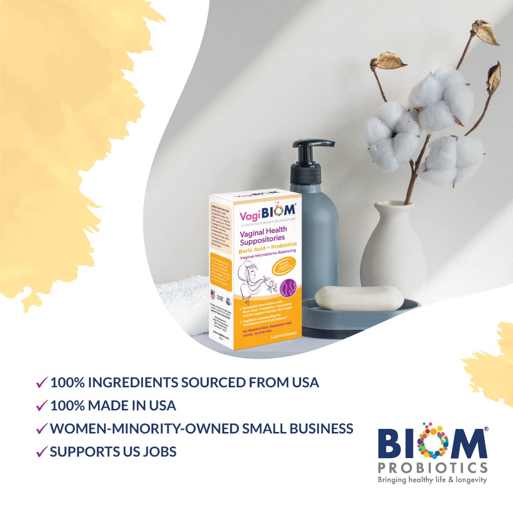 VagiBiom Boric Acid Suppositories with Lactobacillus: Microbiome Flora Balance; Balance and Nourishes VagiBiom
