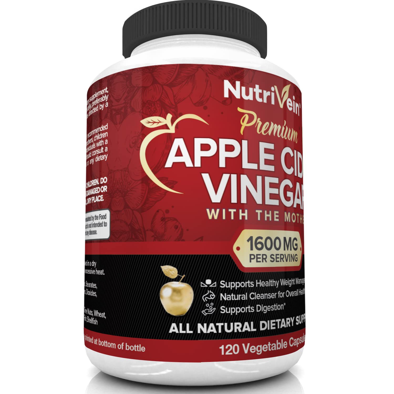 Nutrivein Apple Cider Vinegar Capsules with Mother - 1600mg - 120 Vegan