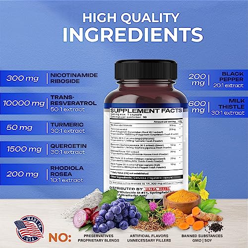NAD+ Supplement 14,300mg with Nicotinamide Riboside NR, Trans Resveratrol, Quercetin ULTRA HERBS