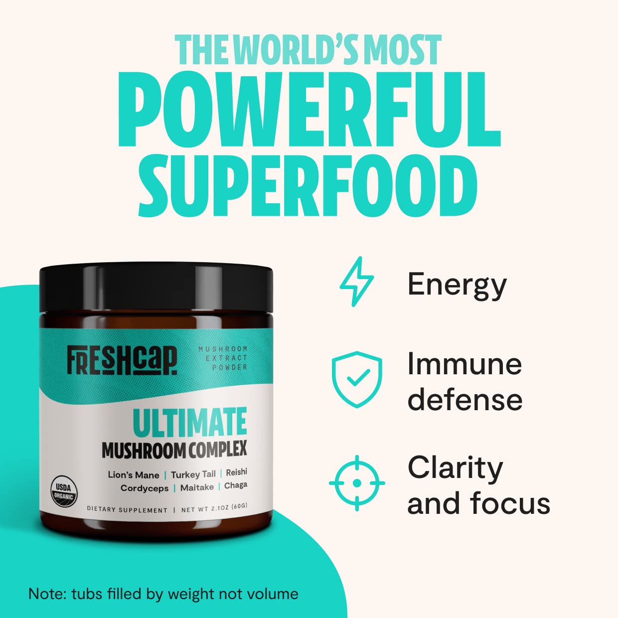 FreshCap Ultimate Mushroom Complex Powder - Lions Mane, Reishi, Cordyceps, Chaga