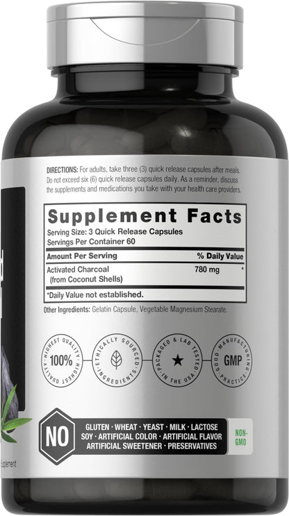 Charcoal Pills 780mg | 180 Capsules | Activated Charcoal from Coconut Shells | Non-GMO