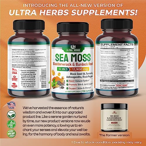 Organic Sea Moss Capsules 12,900mg with Black Seed Oil, Ashwagandha, Burdock Root ULTRA HERBS
