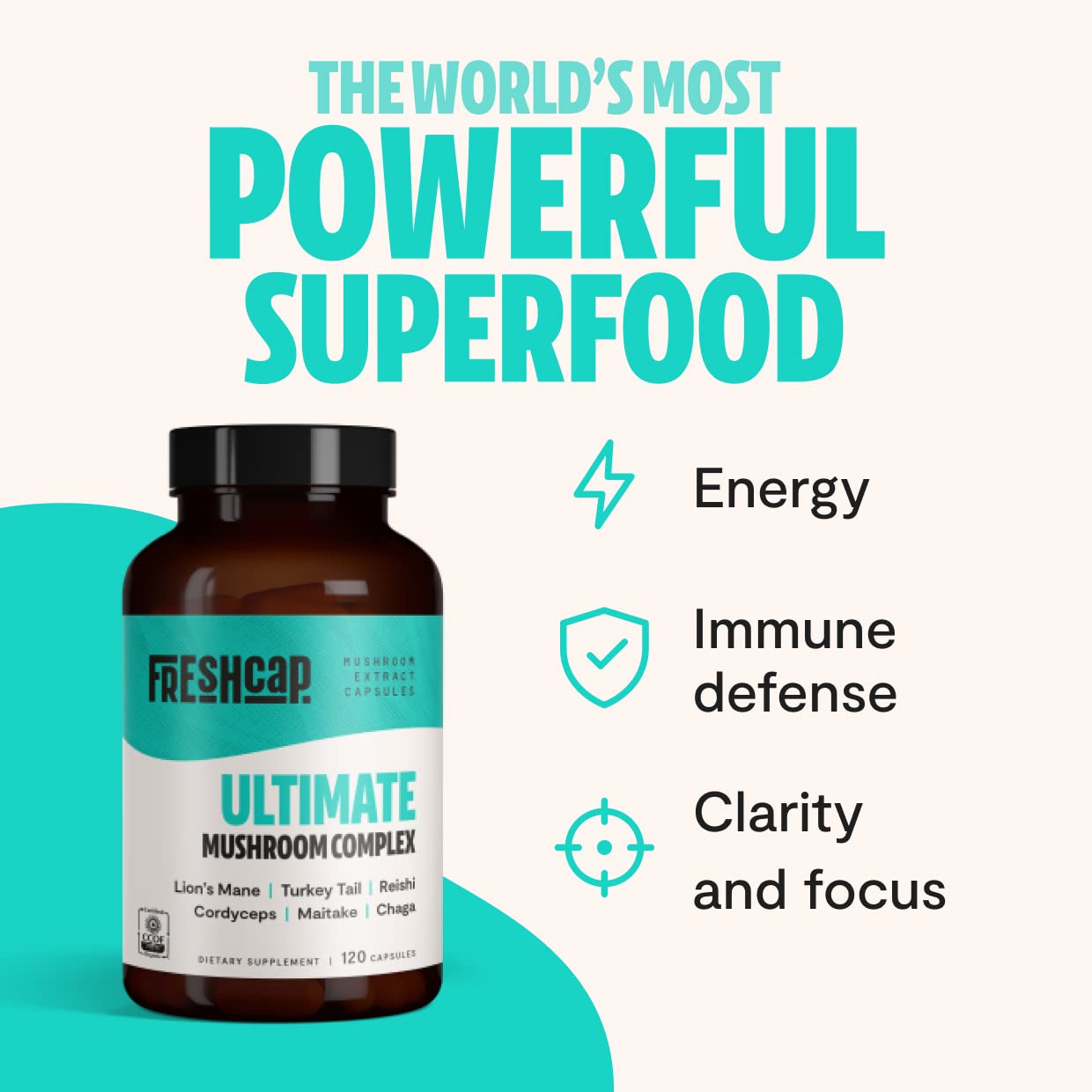 FreshCap Ultimate Mushroom Complex - Lions Mane, Reishi, Cordyceps, Chaga, Turkey Tail