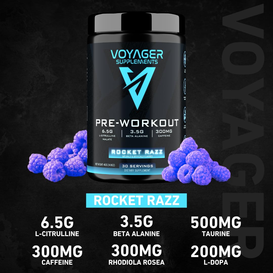 Voyager Supplements Pre-Workout Powder | Rocket Razz | Intense Pump | Maximized Energy | G-Force Strength | Laser Focus | Science-Backed & Gym Proven | 30 Servings