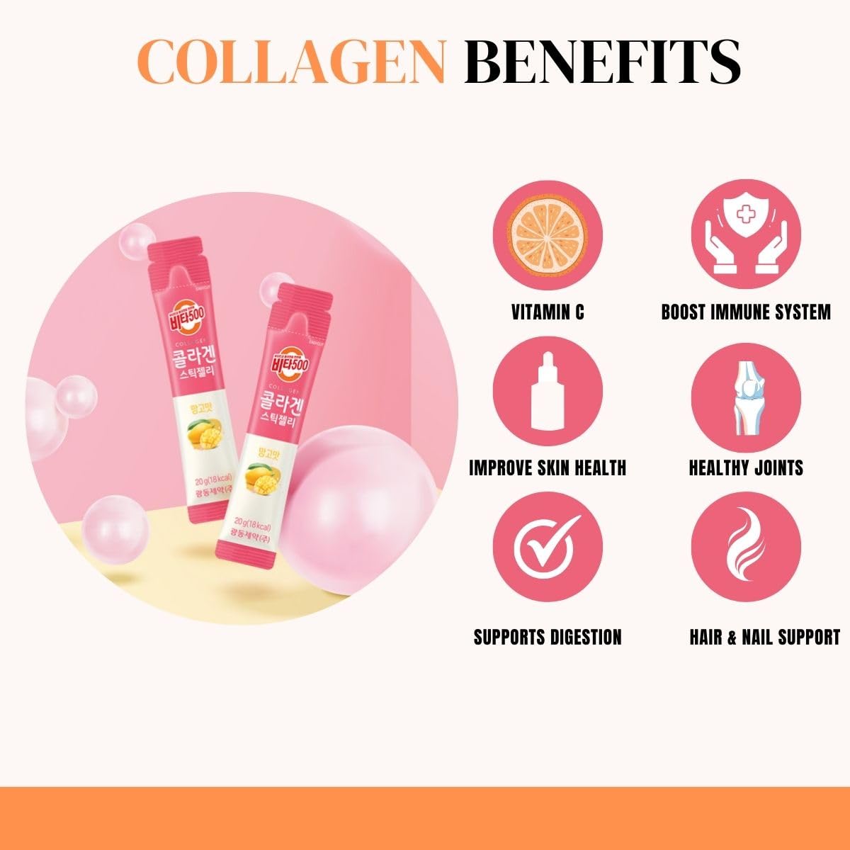 KWANGDONG Vita500 Mango Collagen Peptides Stick Jelly, with Vitamin C, to Support Skin