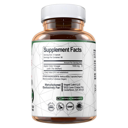 Vegan Labs Apple Cider Vinegar Capsules with The Mother- 180 Vegan Capsules