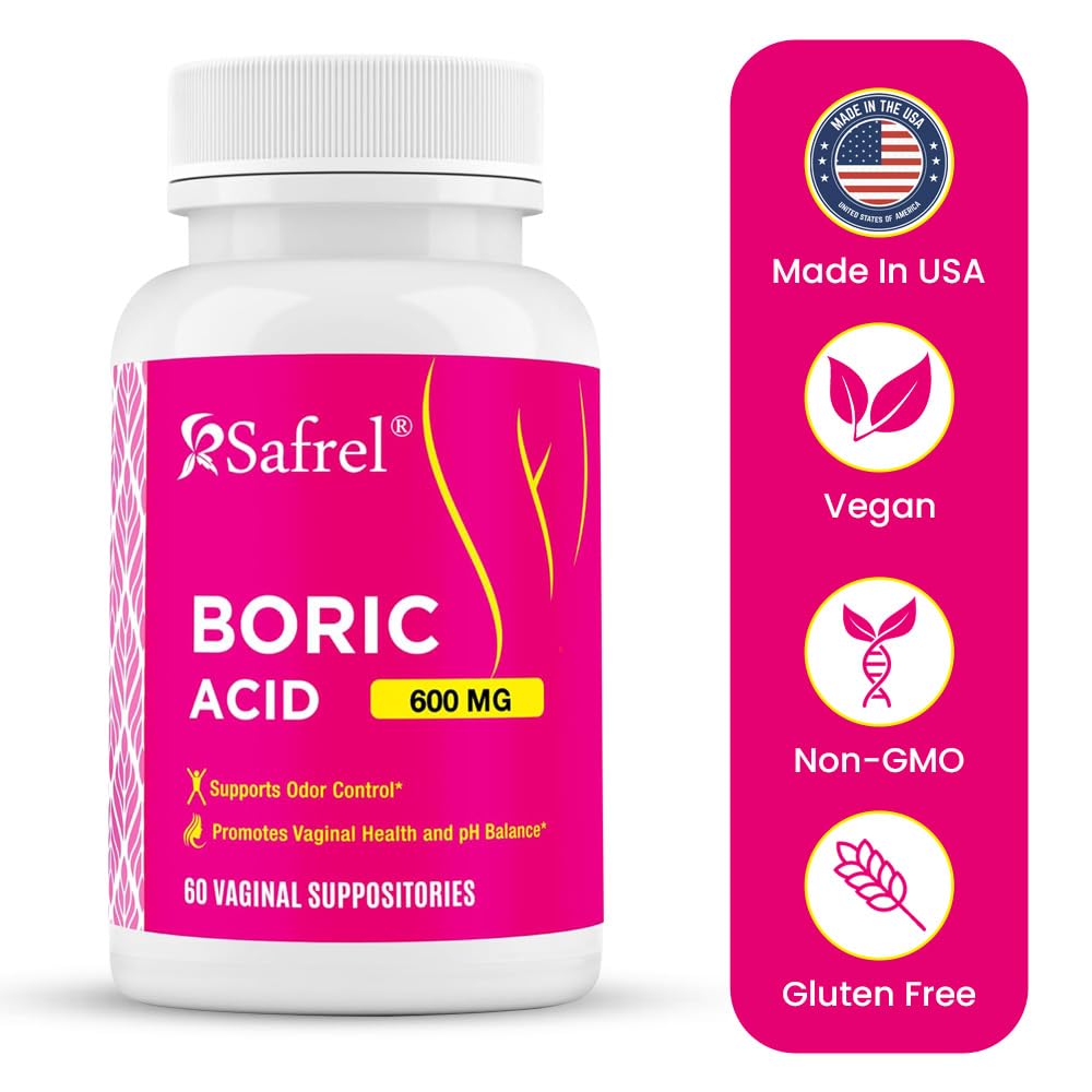 Safrel Boric Acid Vaginal Suppositories - 60 Count (1-Pack) – 100% Pure USA-Made, Supports Intimate Safrel