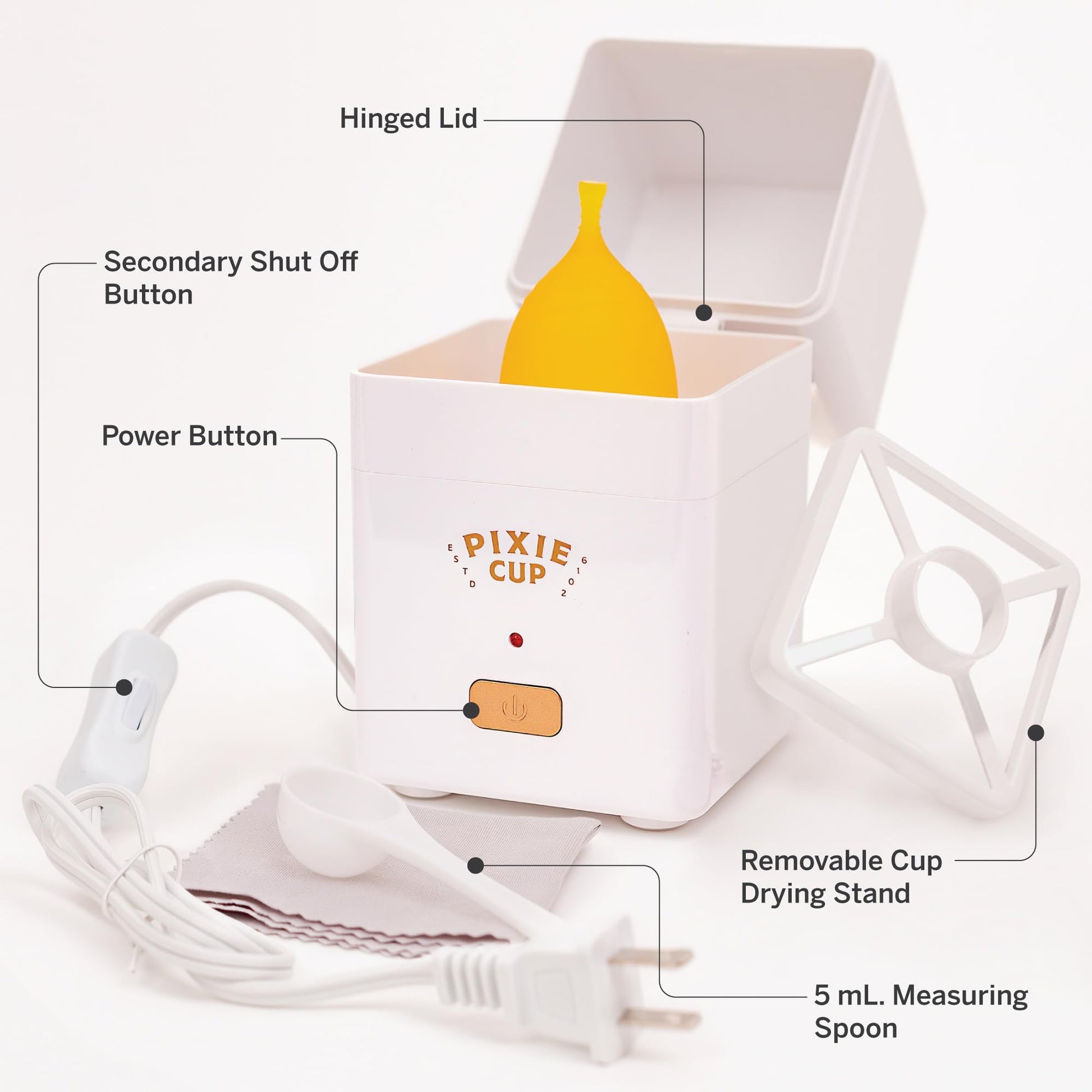 Pixie Menstrual Cup Sterilizer Cleaner Machine - The Only Hinged Lid Steamer & Drying Stand Pixie Cup