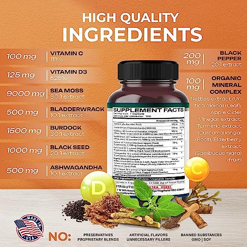 Organic Sea Moss Capsules 12,900mg with Black Seed Oil, Ashwagandha, Burdock Root ULTRA HERBS