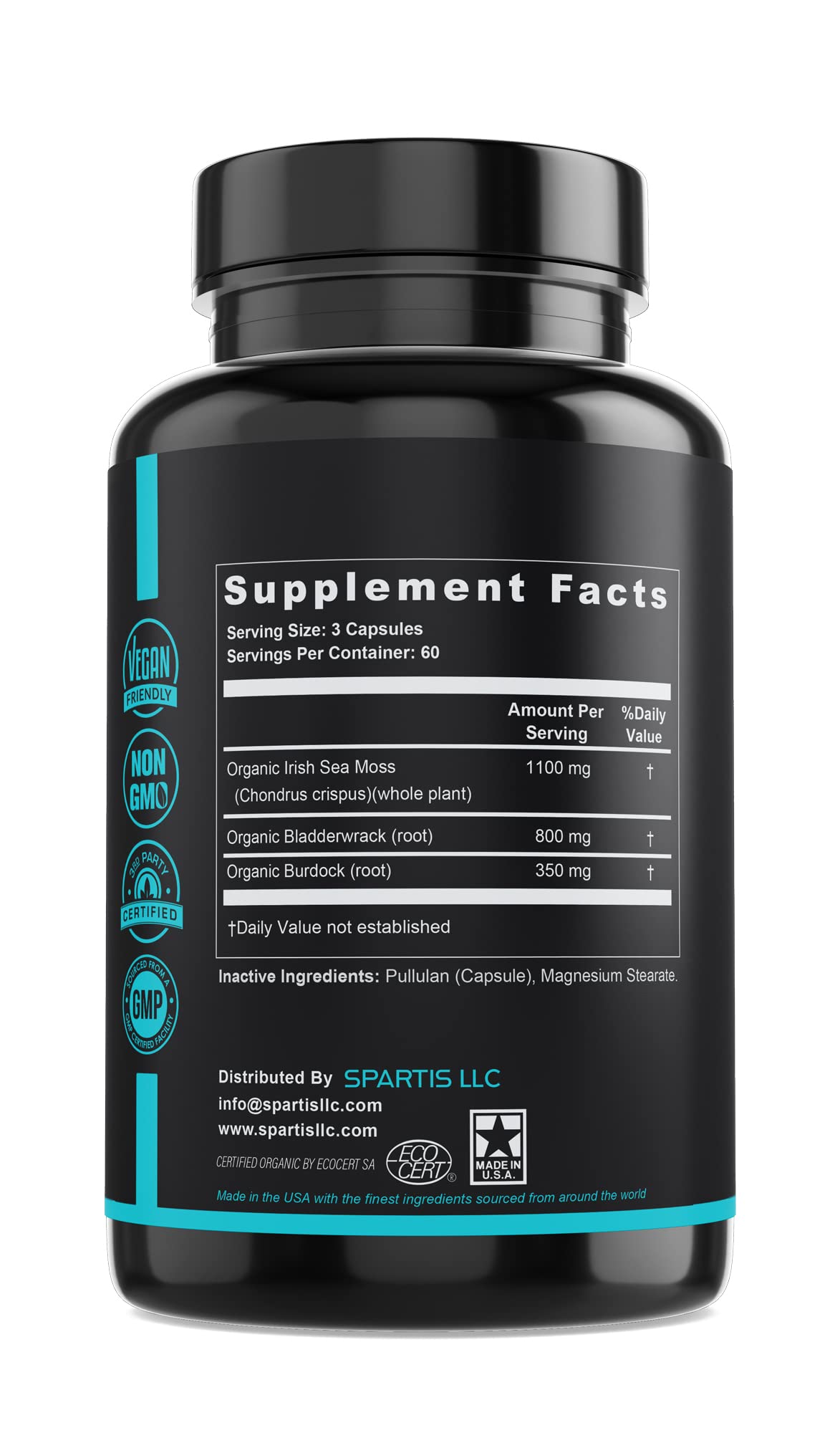 Certified Organic Sea Moss Capsules 2250mg Wildcrafted Irish Sea Moss Burdock Root SPARTIS