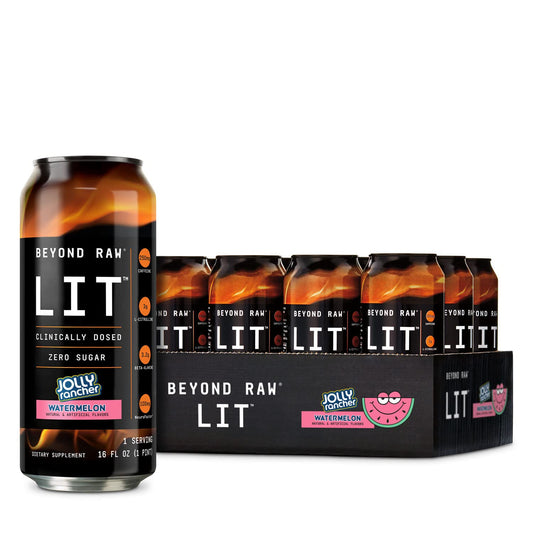 BEYOND RAW LIT On The Go | Ready to Drink Cans | Contains Caffeine, L-Citrulline, Beta-Alanine, and Nitric Oxide | Jolly Rancher Watermelon | 12 Count