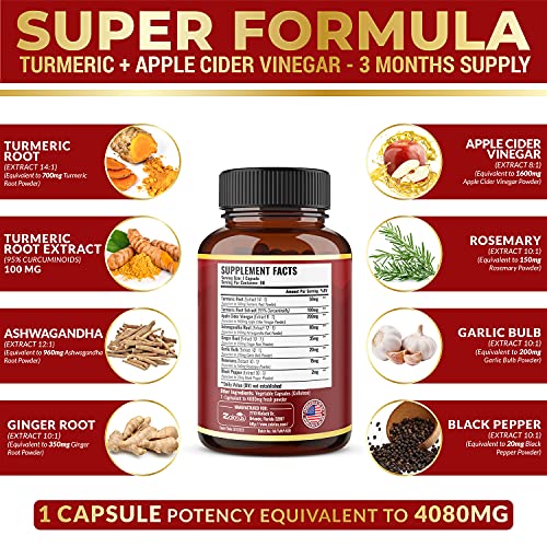 7 in 1 Turmeric Curcumin + Apple Cider Vinegar Capsules, Equivalent to 4080mg Zolotus