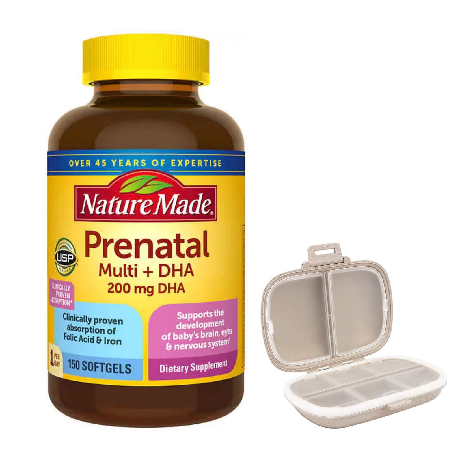 Nature Made Prenatal Multi + DHA 150 Softgels with a Travel Pill Organizer