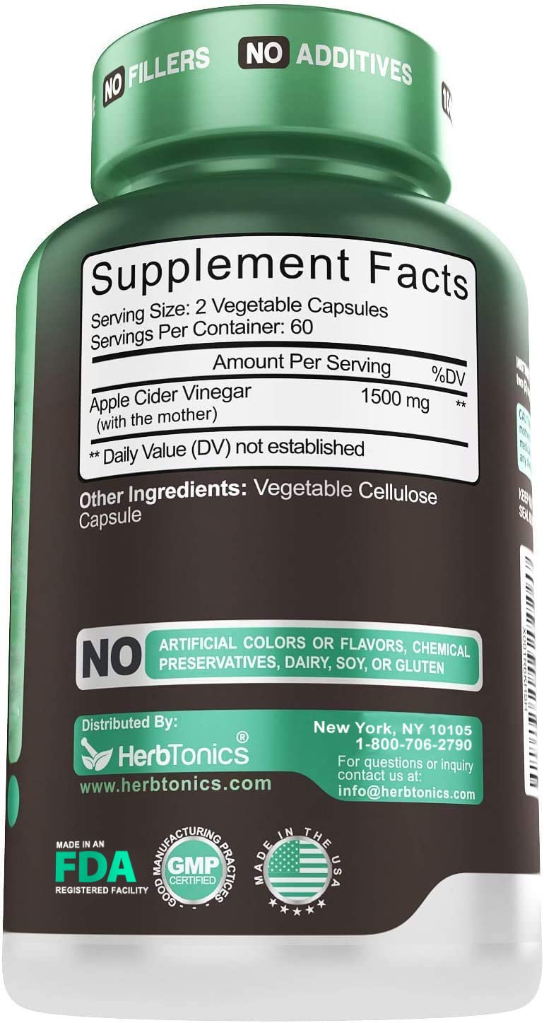 Herbtonics Raw Apple Cider Vinegar Capsules, 1500mg Detox Support (Packaging May Vary), 90 Caps Herbtonics