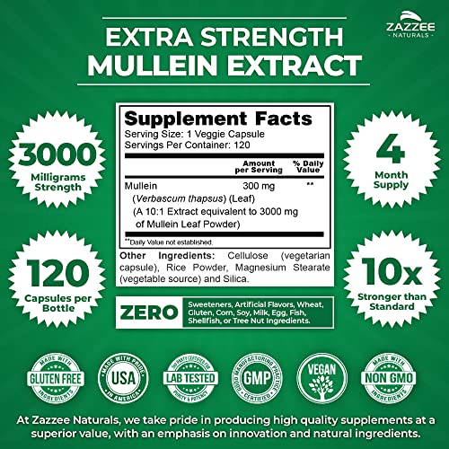 Zazzee Extra Strength Mullein 10:1 Extract, 3000 mg Strength, 120 Vegan Capsules Zazzee