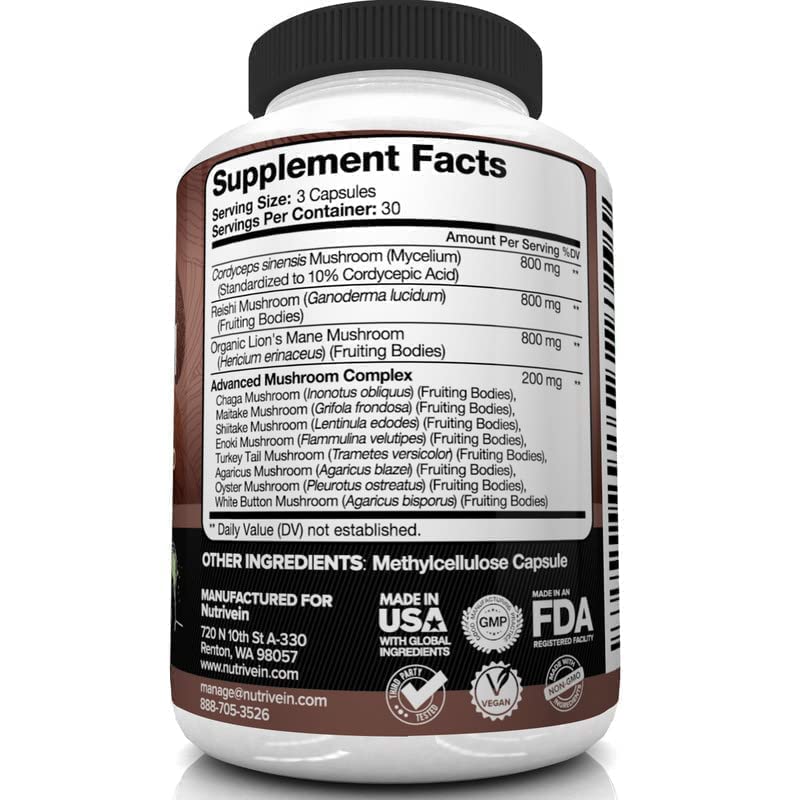 Nutrivein Mushroom Supplement - 2600mg - 90 Capsules - 11 Organic Mushrooms Nutrivein
