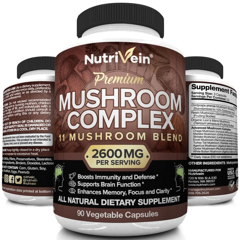 Nutrivein Mushroom Supplement - 2600mg - 90 Capsules - 11 Organic Mushrooms Nutrivein