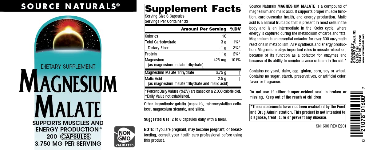 Source Naturals Magnesium Malate, Magnesium Malic Acid Supplement, Non GMO, 3750 MG Source Naturals