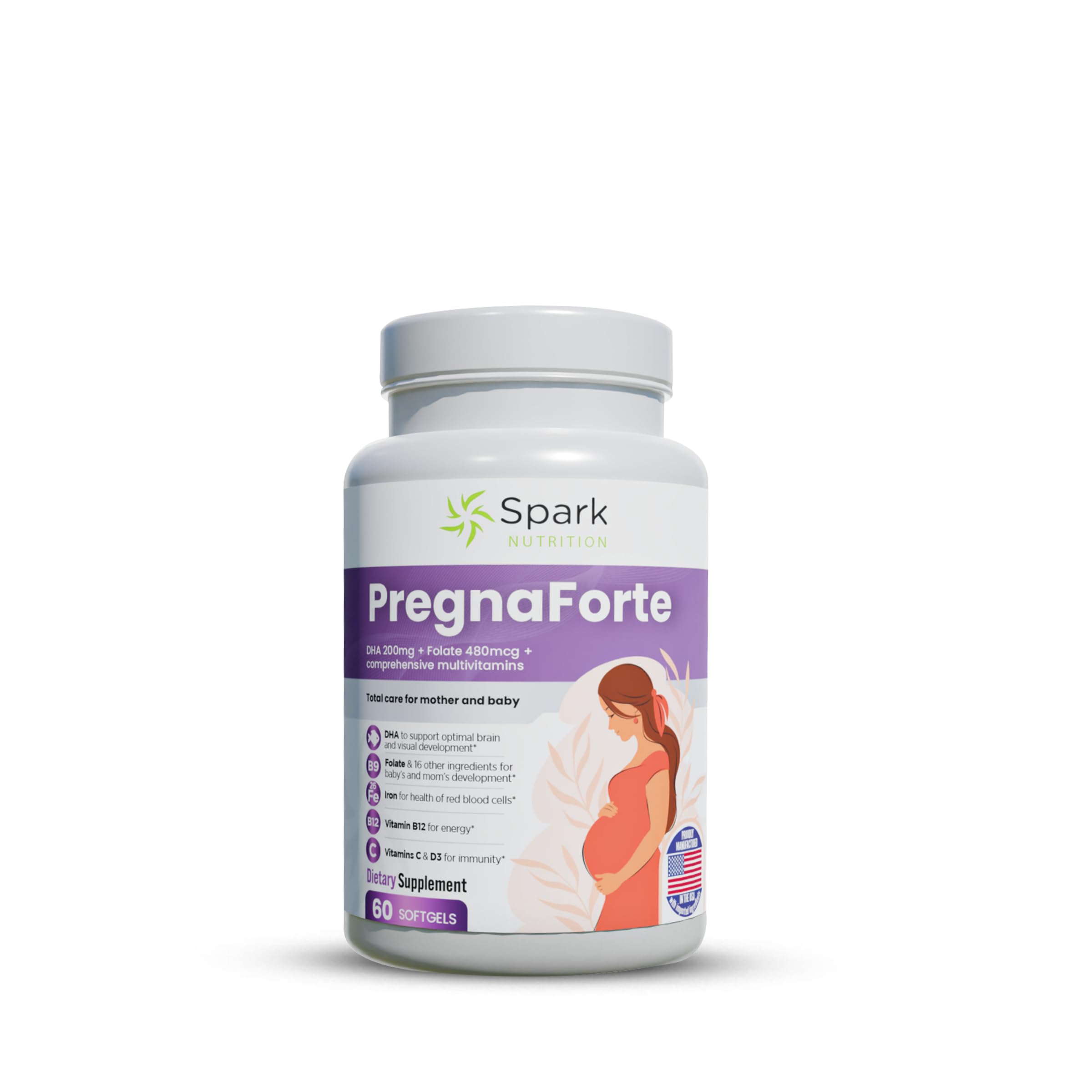 Pregnaforte Prenatal Multivitamin 60 days: Folic acid, Omega-3 DHA/EPA, Vitamins A, B6, B12, C, D3, E