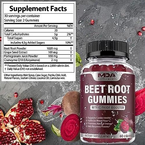 Beet Root Gummies with CoQ10, Energy, and Circulation Support, Pre Workout Nitric Oxide MDA Supplements